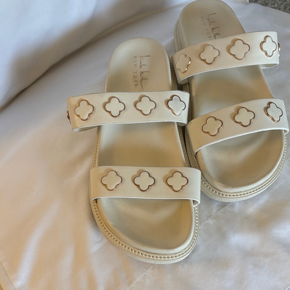 Nicole Miller ivory Slide Sandals with Gold Floral Detail